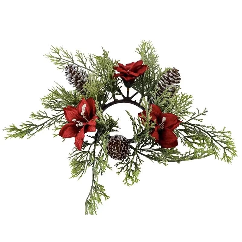 Christmas Candlestick Wreath Artificial Flowers Pinecone Garland Candle Holder Decorations Xmas Candle Ring New Year Table Decor