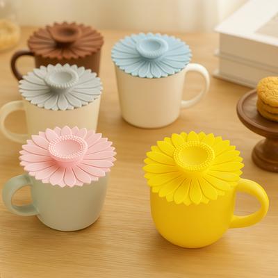 2pcs Sunflower Silicone Cup Lid, Food Grade Dust Proof Reusable Cover for Coffee Tea Mug, Kitchen Accessory