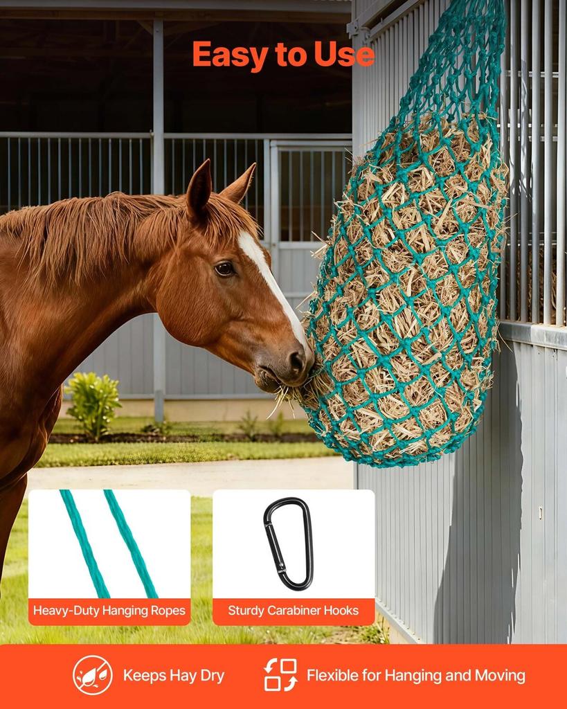 Hay Nets for Horses, 4PCS, 0.9 m Extended Length, 38 x 38 mm Holes, PE Material, with Four Carabiner Hooks, Hanging Slow Feed Hay Nets for Horses,