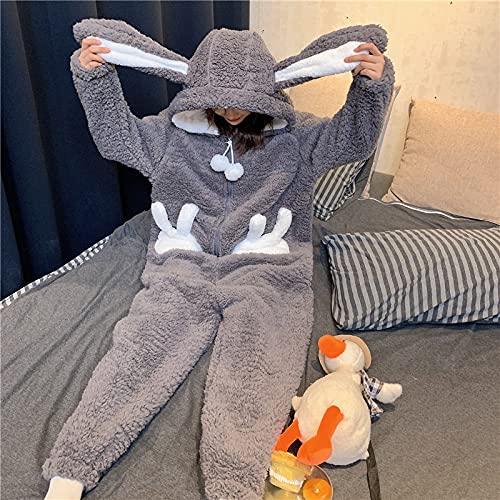 ZHENGTU Women's Cute All-in-One Hooded Pajamas with Rabbit Ears, Warm and Comfortable for Fall and Winter, Casual and Casual Wear (Gray, Size L)