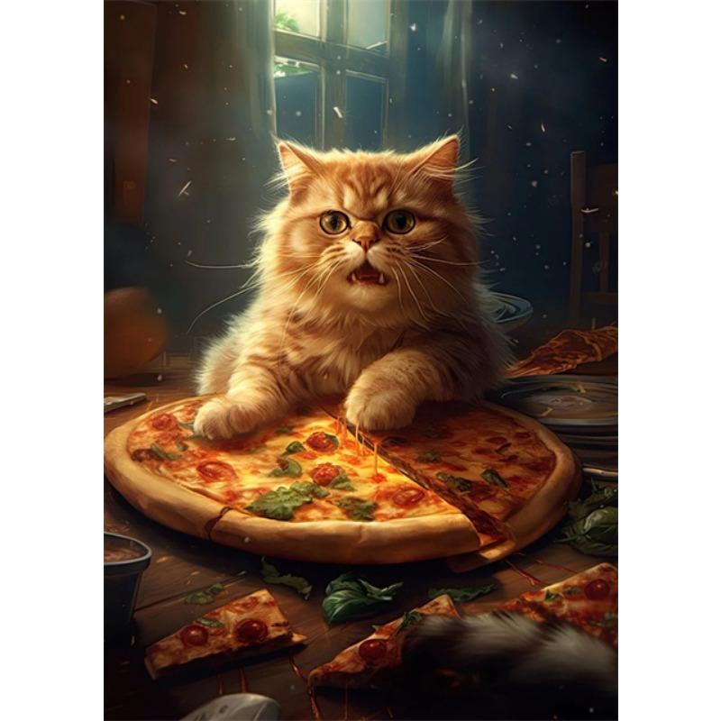 Funny Cat Eating Pizza Canvas Prints Posters Mural Cute Pet Kitten Pizza Poster Canvas Wall Art Painting Pictures for Home Decor