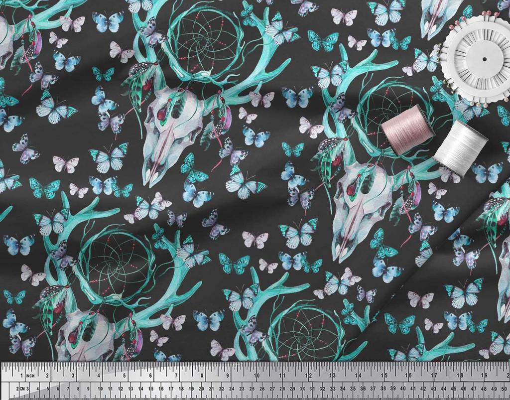 Soimoi Green Japan Crepe Satin Fabric Insect|Dream Catcher & Reindeer Face Animal Fabric Prints by Yard 42 Inch