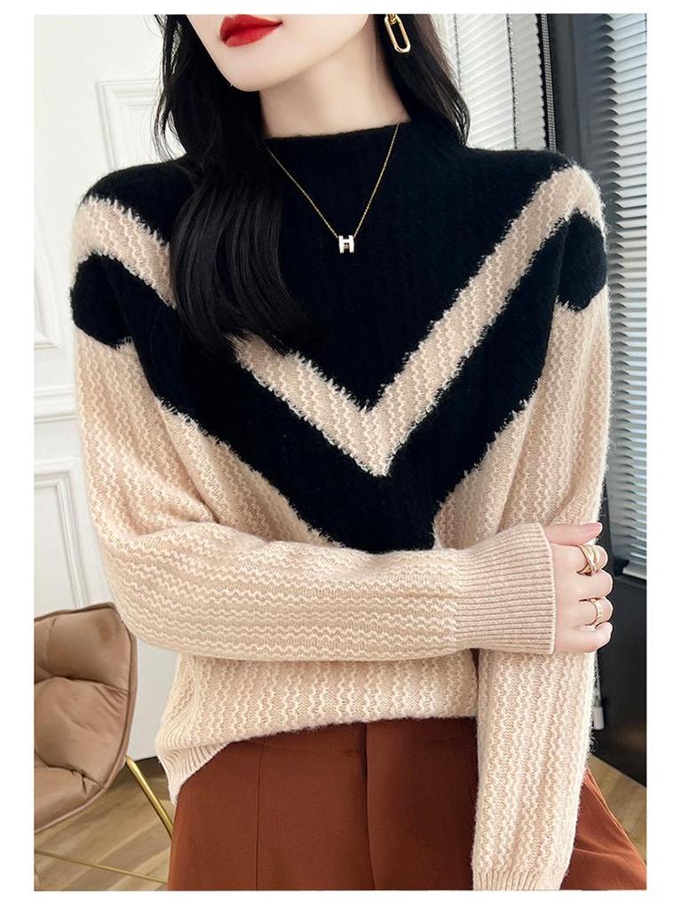 Colorblock Cashmere Turtleneck Sweater - Women's Slimming Autumn/Winter Knitted Pullover