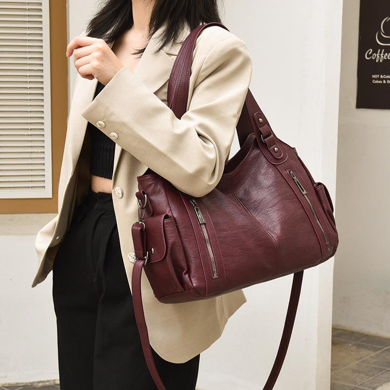 PU Tote Bag Women's Fashion Shoulder Handbag with Zip Pockets Adjustable Strap Large Capacity Daily Bag