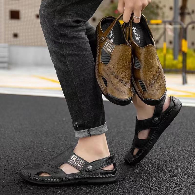 Men's Genuine Leather Cross-Border Baotou Sandals: Non-Slip Soft-Soled Shoes, Dual-Purpose Outdoor & Casual Beach Wear.