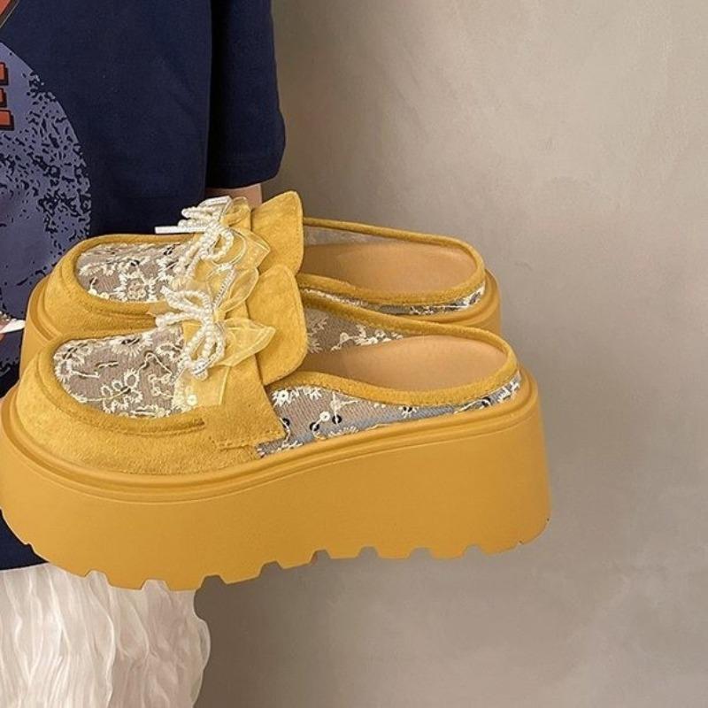 Fashion Platform Slippers Women's Fashion Round Head Deep Mouth Suede Mesh Beaded Butterfly Knot Waterproof Platform High Heels