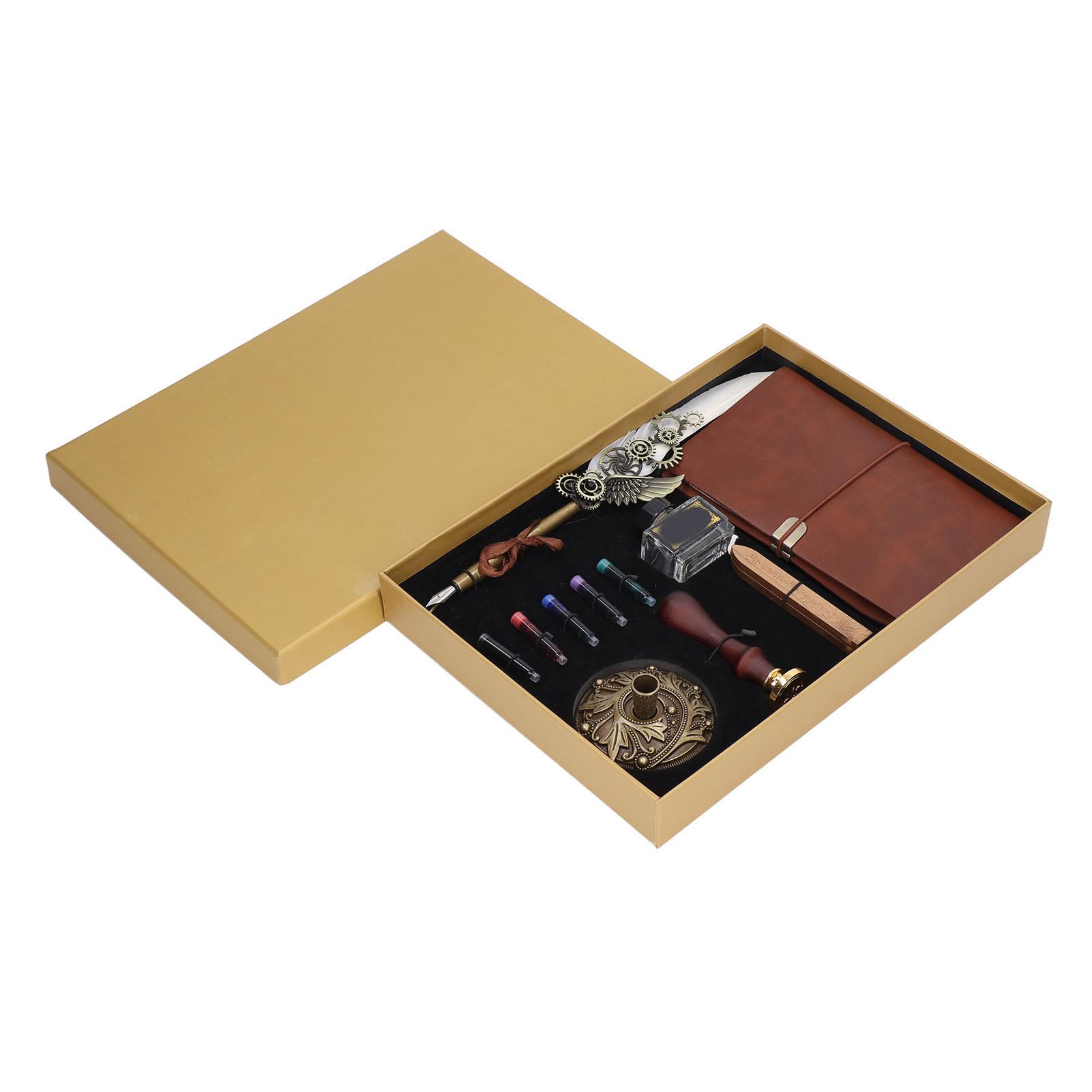 

White Feather Pen Set Mechanical Texture Vintage Elegance Quill Pen Ink Set with Ink Bag Metal