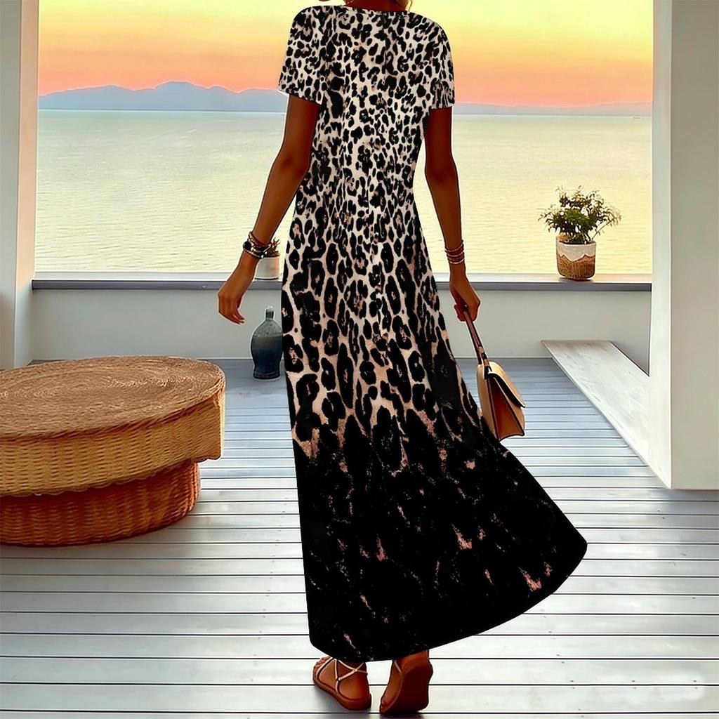 Women Plus Size V Neck Short Sleeve Maxi Dress Gradient Pink Leopard Print Loose Summer Beach Long Dress