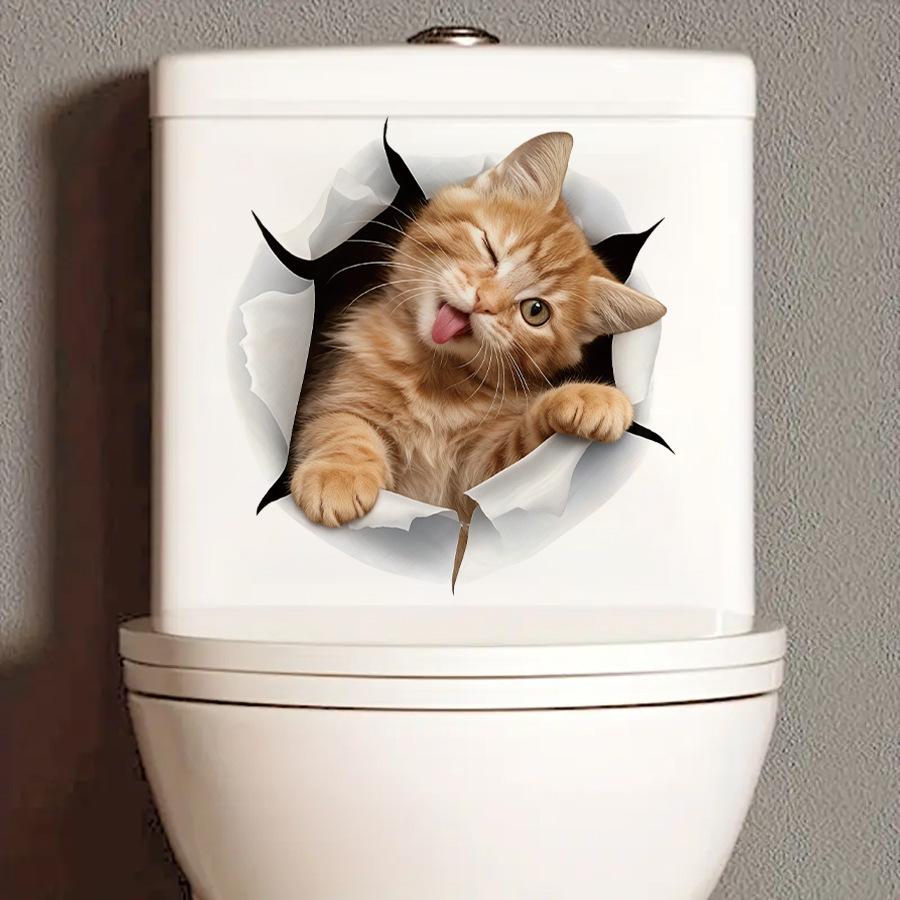 Lustige Orange Katze, die aus einem Loch schaut, Toilettenaufkleber, Wasserdichte Selbstklebende Dekoration für Toilettendeckel Badezimmerdekoration
