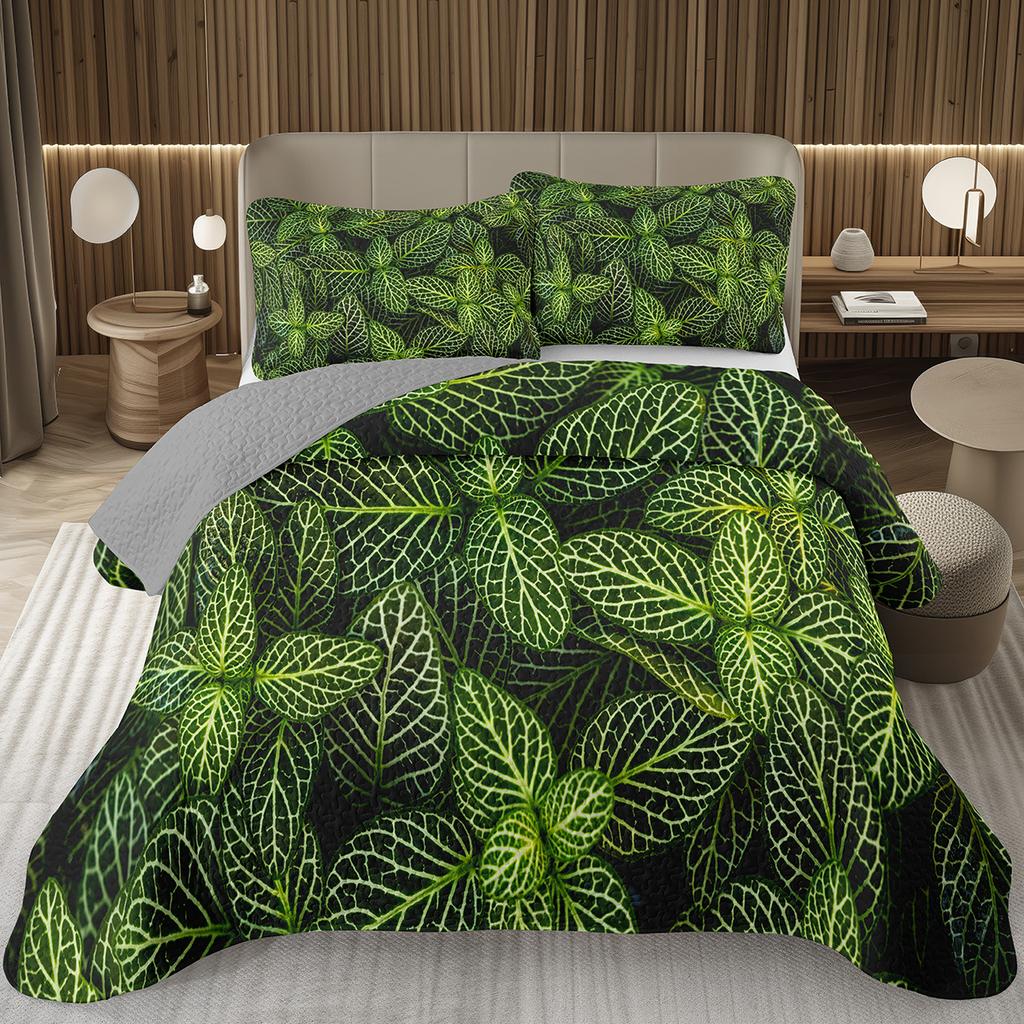 Grüne Blätter Tagesdecke Einzel- Doppelgröße Bauernhaus Botanische Pflanze Tagesdecken-Sets Frühling Natur Blatt Quilt-Set für Kinder Teenager Erwachsene