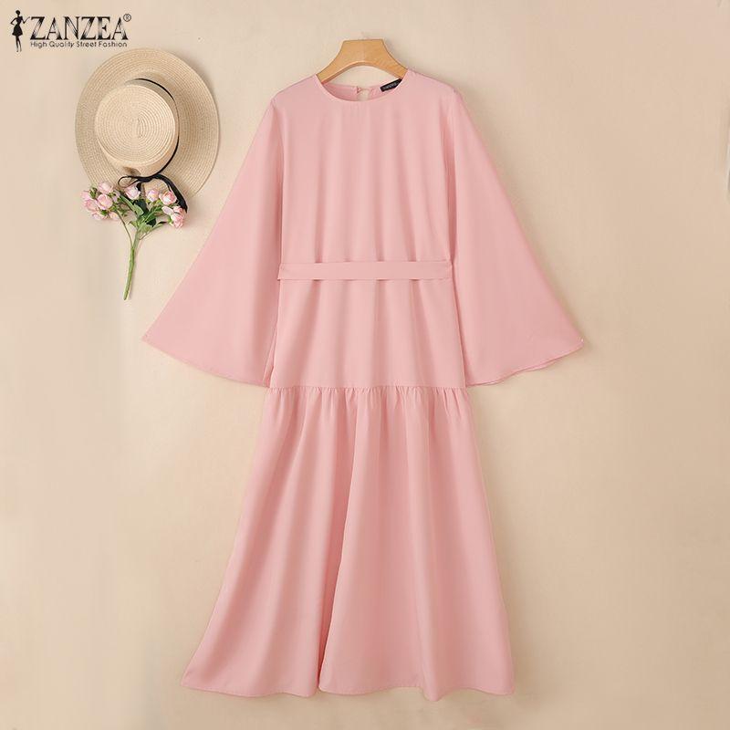 ZANZEA Abito Casual da Donna Musulmana a Girocollo, Monocolore, Manica Lunga