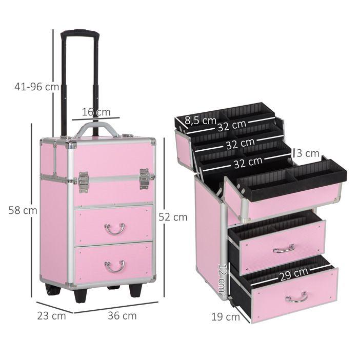 HOMCOM - Make-up-Koffer - Aluminiumlegierung - 36x23x58cm - Rosa