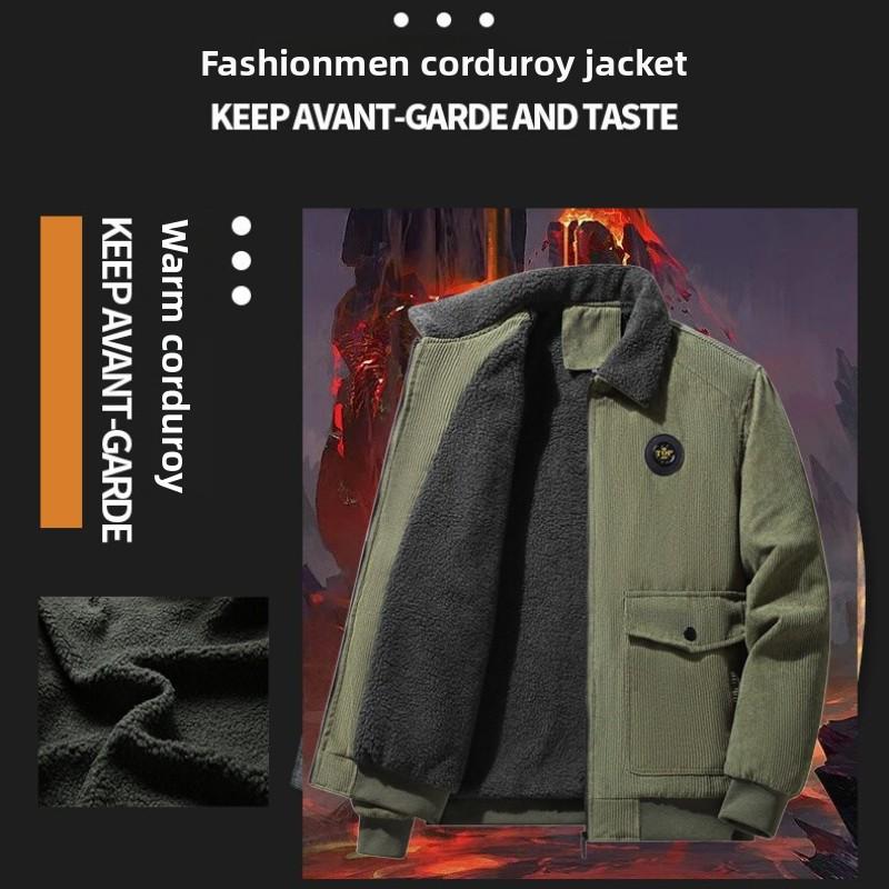 Autumn/Winter Men's Corduroy Lambskin Jacket, Loose, Thickened, Casual Lapel Men's Coat