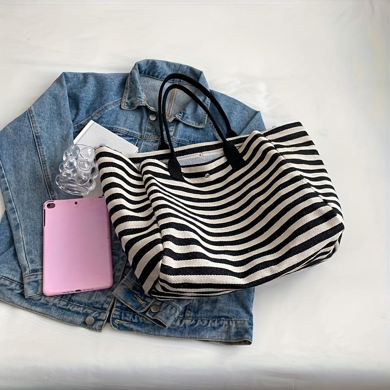 Large Canvas Tote Bag for Women Casual Striped Shoulder Bag with Fixed Straps,Durable Bookbag & Wallet In Black and White Stripes, Large Tote Bag