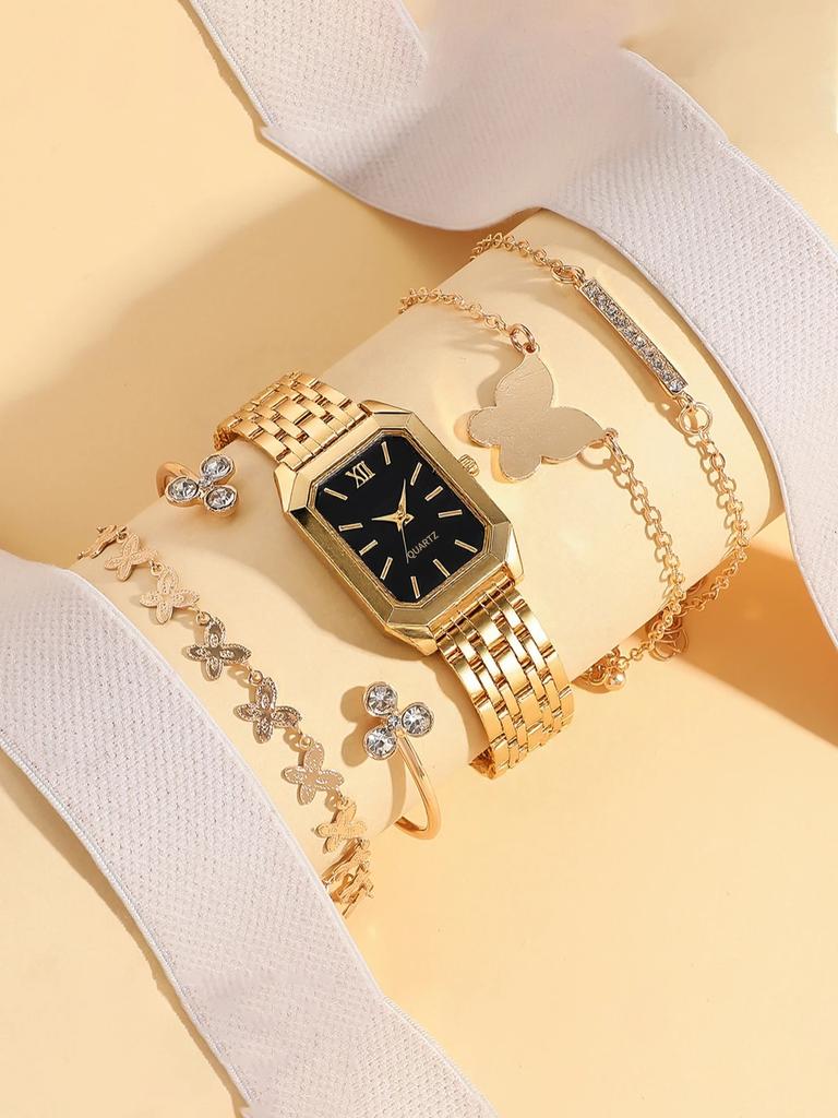 Fashion Light Luxury Alloy Material Women's Quartz Watch Bracelet Set of 5, Suitable for Thanksgiving Christmas Gifts