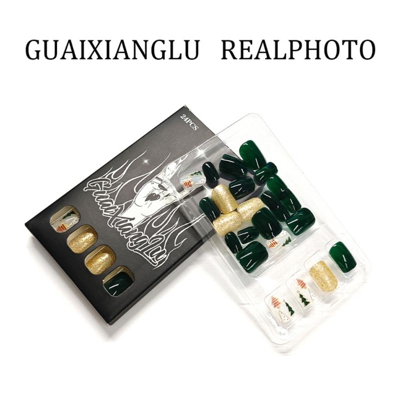 24Pcs Christmas Press On Nail Glittering Green Gold Design Fake Nail for Parties Christmas Theme Salon Quality