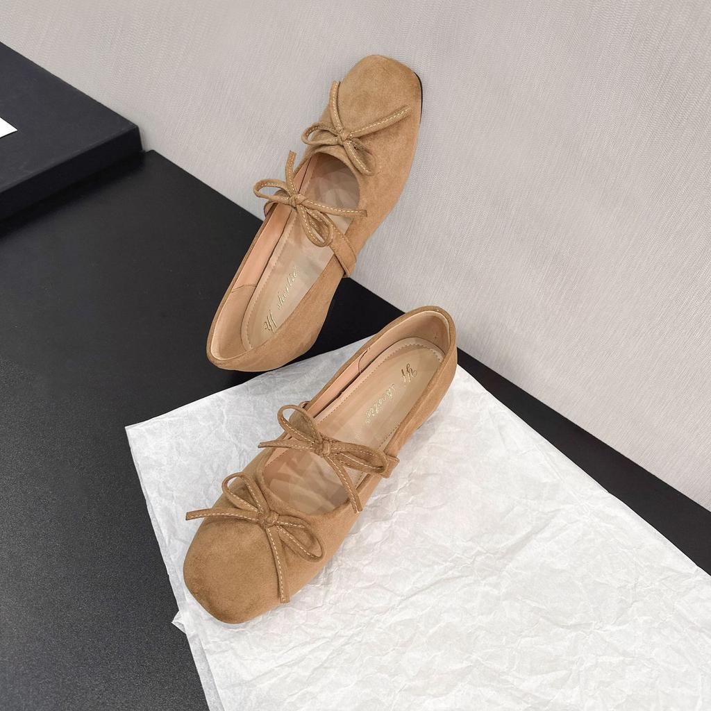 Height increase 5CM bow word with square head ballet single shoes women's 2025 new evening wind suede Mary Jane shoes