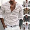 Fall Spring Men Top V Neck Striped Print Color Matching Long Sleeves Pullover Mid Length Casual Daily Wear Work Shirt