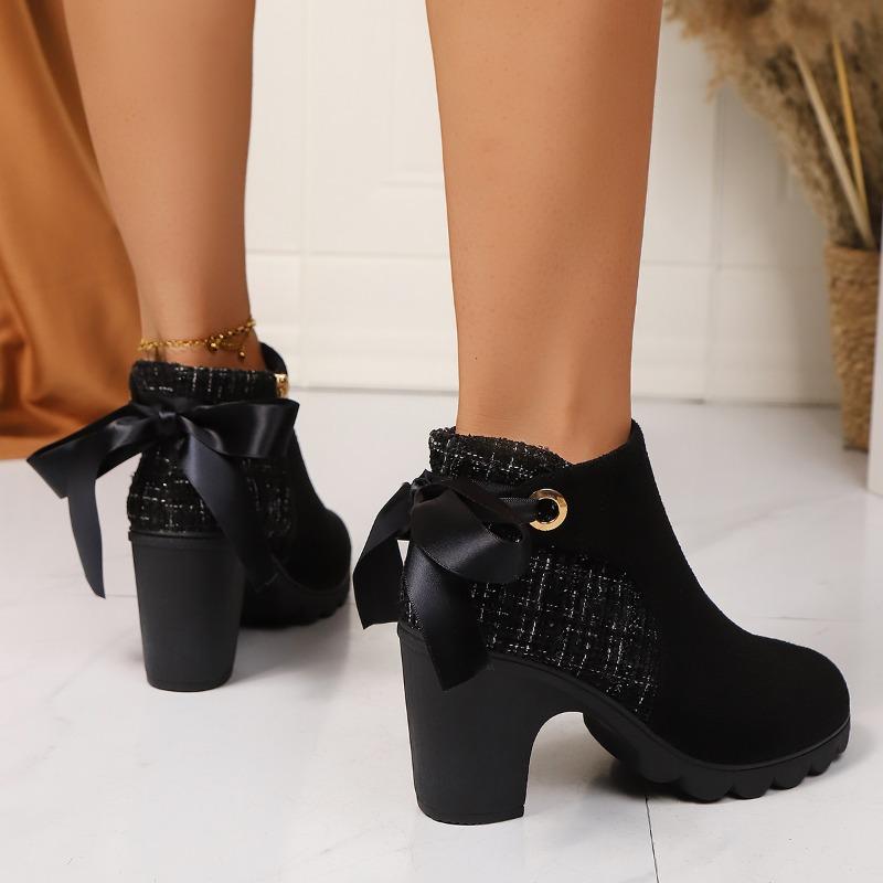 Spring Fall New Ribbon Bow Heel Shoes Women Block Heel Boots Women Round Toe Side Zipper Paneled Booties