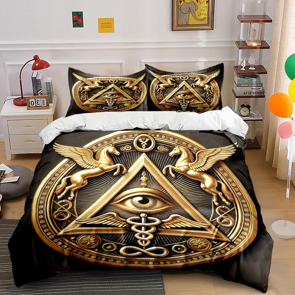 Golden Eye Triangle Decor Set Bedding Set With 1 Duvet Cover 2 Pillowcases Single Double King Queen, Gift