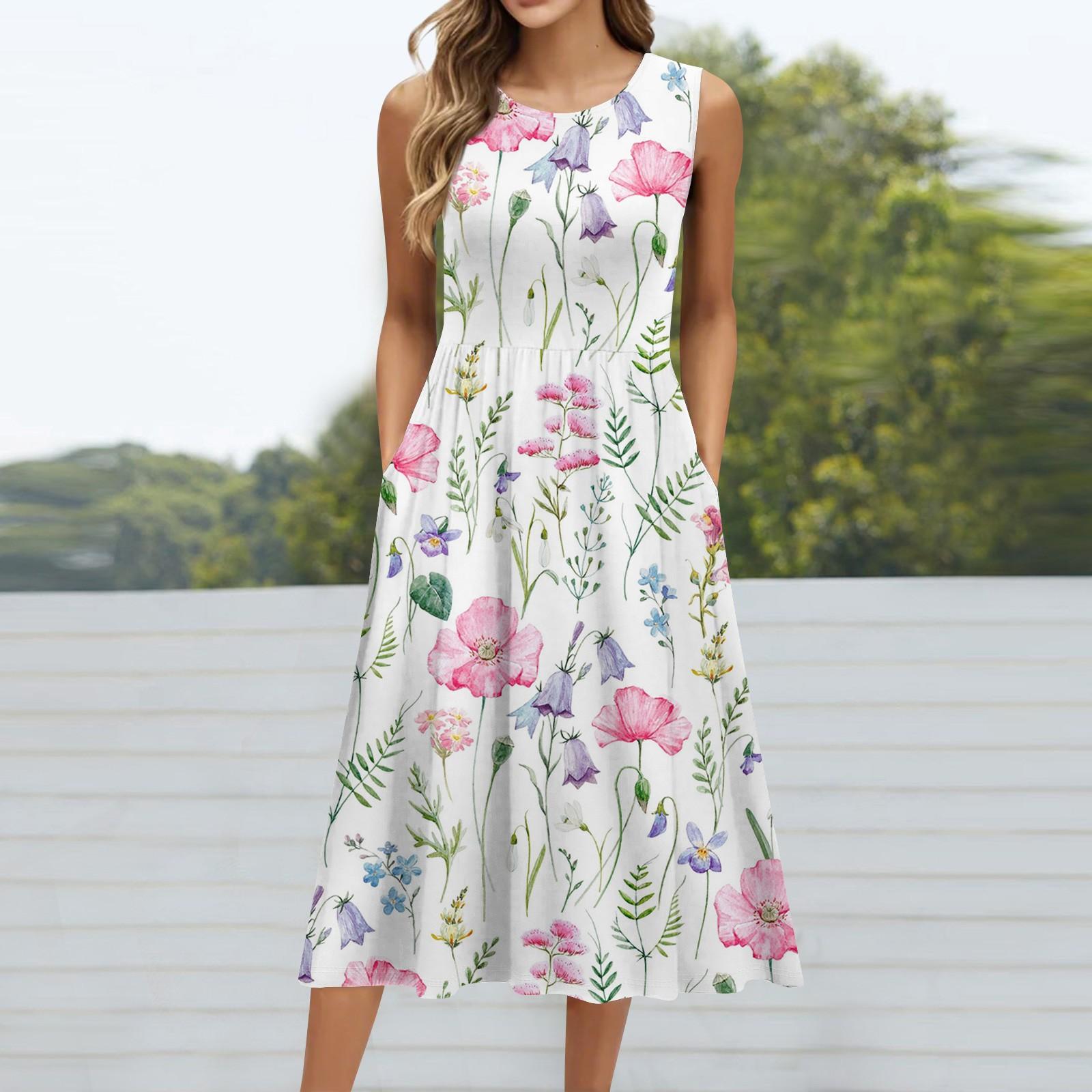 

Женское модное платье средней длины с круглым вырезом и принтом без рукавов XXL