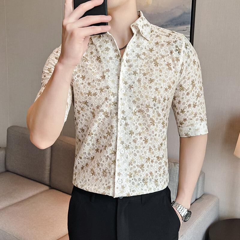 2025 Summer Mens Business Office Shirts Men Casual Short Sleeve Shirt Male Slim Fit Flower Print Shirts Man Fashion Dress Shirt