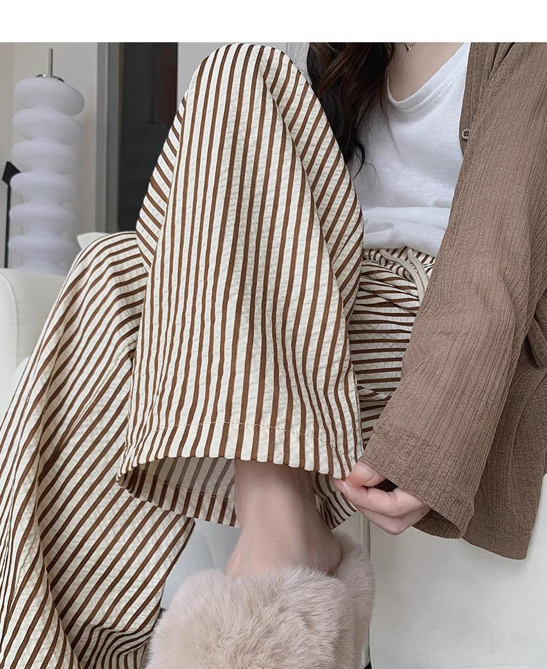 Women's High-Waisted Striped Wide-Leg Summer Pants - Petite, Loose, Slimming, Casual, Drapey.