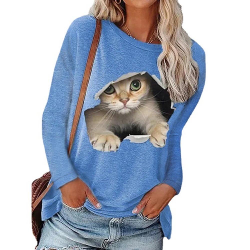 GMXIA Women's Fashion Casual Spring Autumn Kitten print Long Sleeve O-Neck Blouses & Shirts