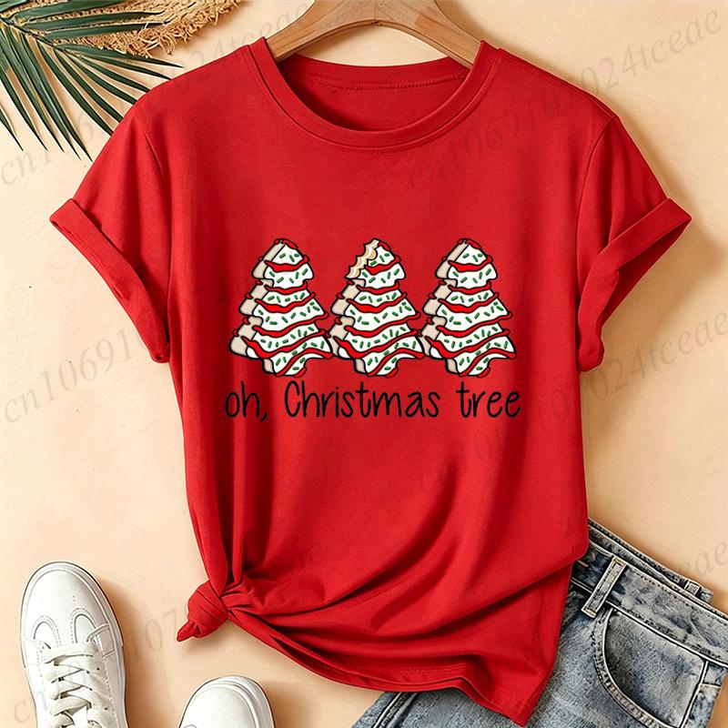 Women Oh, Christmas Tree Graphic T Shirt Vintage Aesthetic Tees Snack Cakes Christmas Print Short Sleeve Casual Streetwear Top