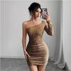 Women's Spring Autumn New Sexy Sequin One Shoulder Mini Dress Long Sleeve Ruched Bodycon Slim Fit Elegant Evening Party Night Club Cocktail Dress