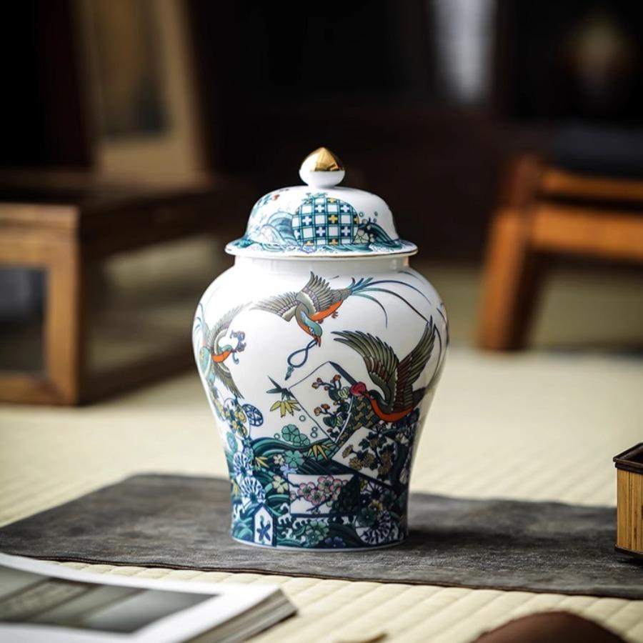 Creative Painted Phoenix Ceramic Tea Jar Large Capacity Storage Bottle Living Room Countertop Ornament Sealed Moisture-proof Jar