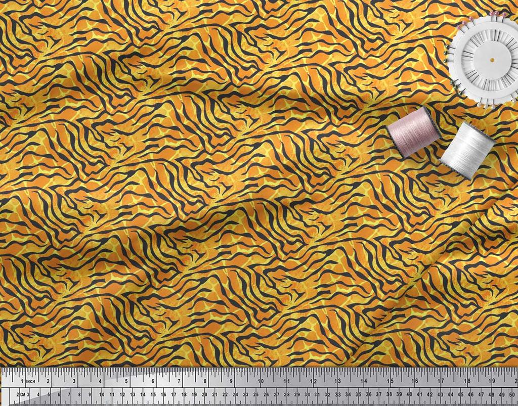 Soimoi Orange Poly Crepe Fabric Tiger & Ziraffe Animal Skin Printed Fabric 1 metre 42 Inch