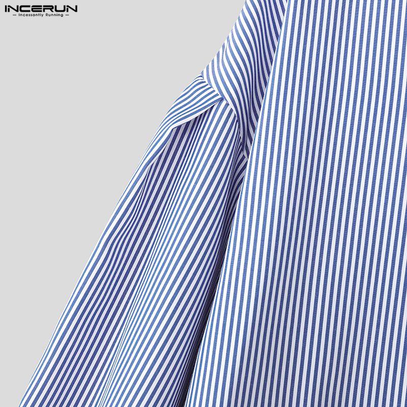 INCERUN Oversized Men Casual Loose Long Sleeve Striped Print Buttons Shirts Tops