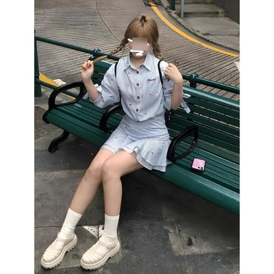 Women's Spring New Blue Striped Shirt Dress Lapel Mid-sleeved Waist Shirt Ruffle Pleated Skirt