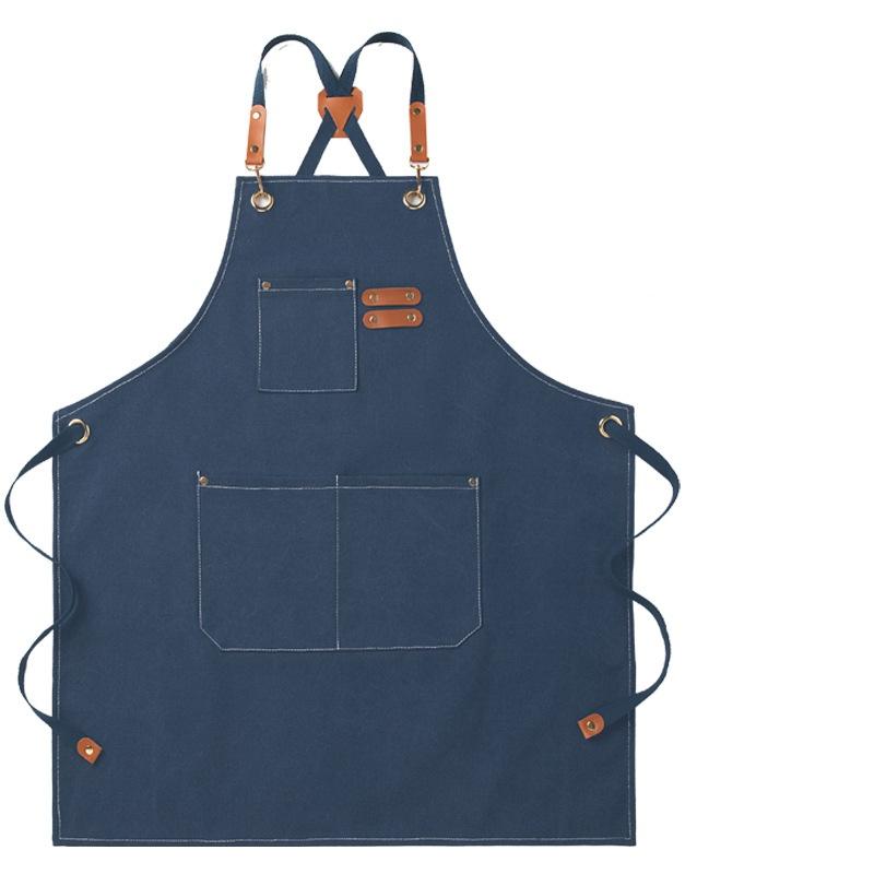 Black Denim Apron with Multiple Pockets Adjustable Straps & Leather Accents, Ideal for Kitchen,Barista,Craft & Workshop Use