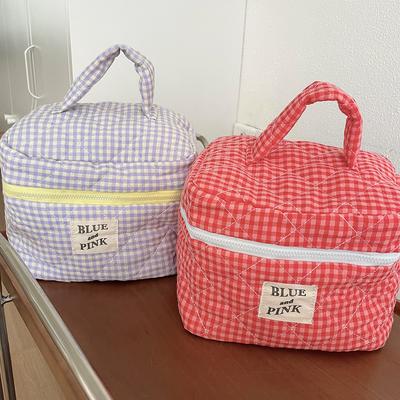 Plaid Cosmetic Bag Fashion Sweet Women Cotton Checkered Makeup Bag Soft Fabric Organizer Pouch Travel Toiletry Bag Practical Bag