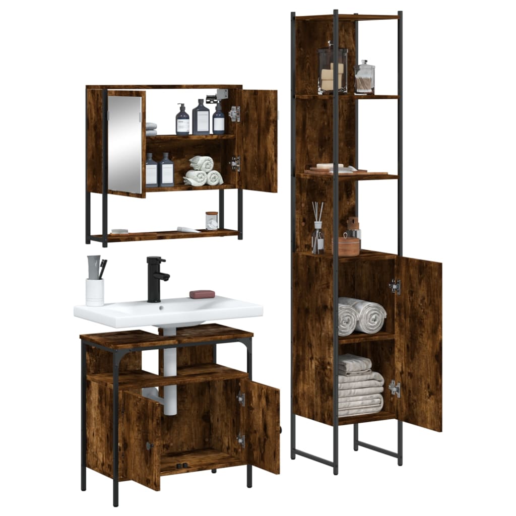 3 Piece Bathroom Furniture Set Smoked Oak Wood Based Material