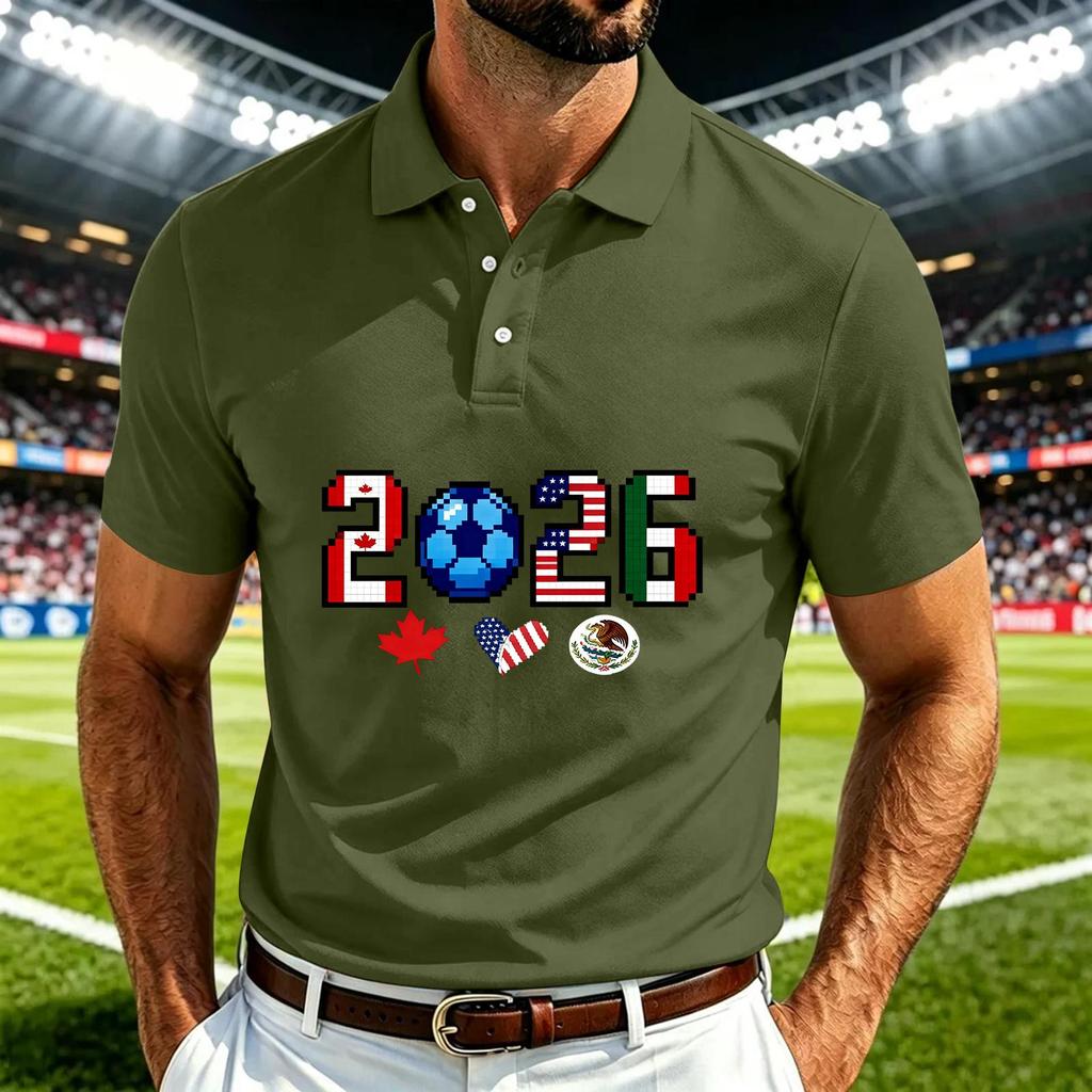 Men's Casual Soccer Print Quick Dry Polo Shirt Lightweight Mesh Breathable Short Sleeve Top for Outdoor Sports and Everyday Wear
