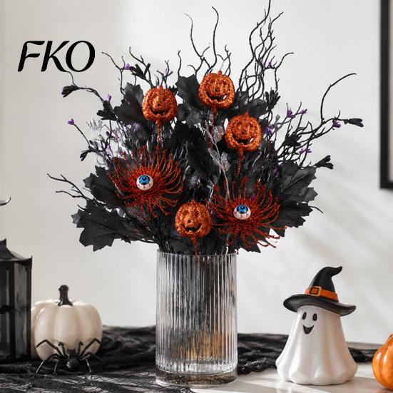 Halloween Artificial Branch Stem, Glitter Black Fake Twig with Pumpkin, Eyeball, 3D Pumpkin Decoration Maple Leaves for Party, Indoor Table