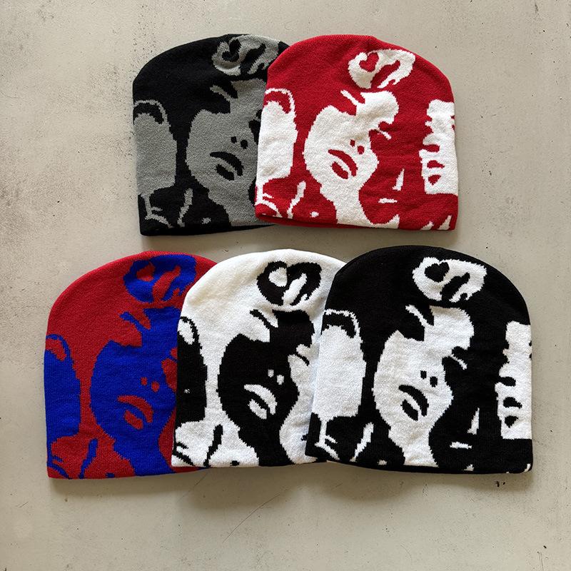 1 Stück Intarsien-Mützen mit Gesichtsmuster, winterliche lässige winddichte elastische Skull-Cap, geeignet für Outdoor-Aktivitäten und den täglichen Gebrauch