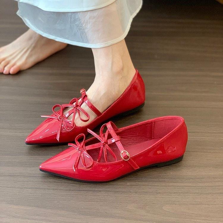 Pointed Sweet Princess Bow Shallow Mouth Inner Height Increase Red Mary Jane Shoes Celebrity Temperament Banquet Women's Shoes
