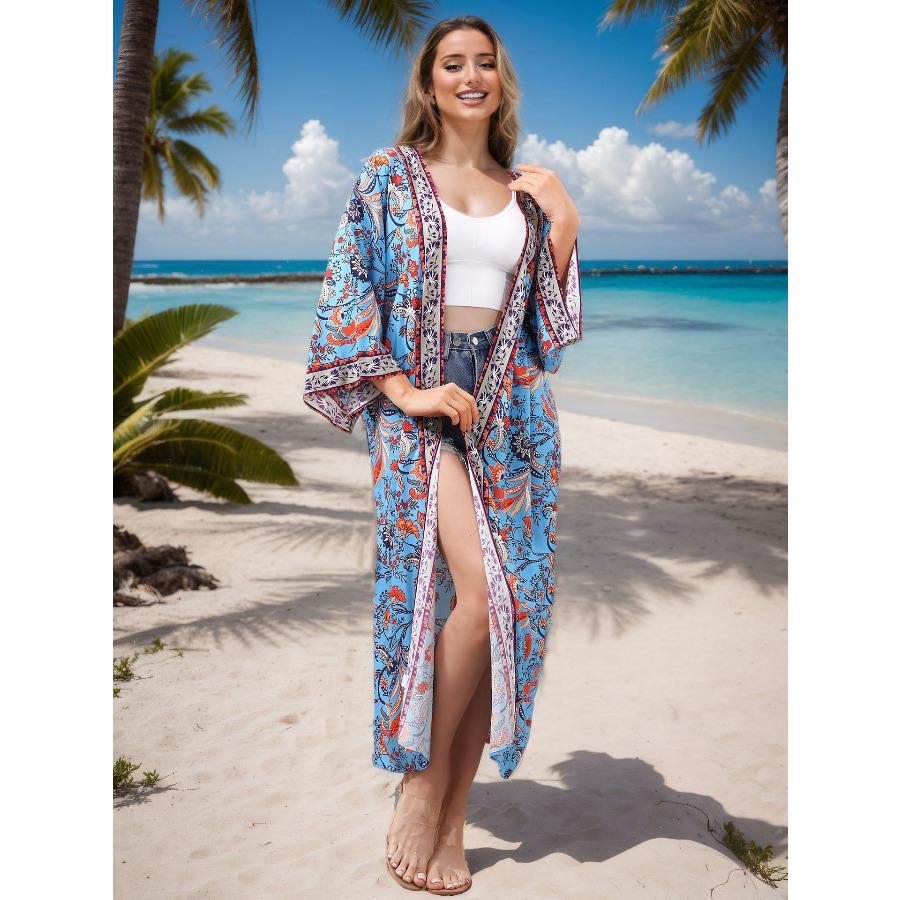 Women's Viscose Printed Kimono Cardigan Loose Long Beach Cover Up Robe, Flowy Open Front Shirt for Vacation 0981