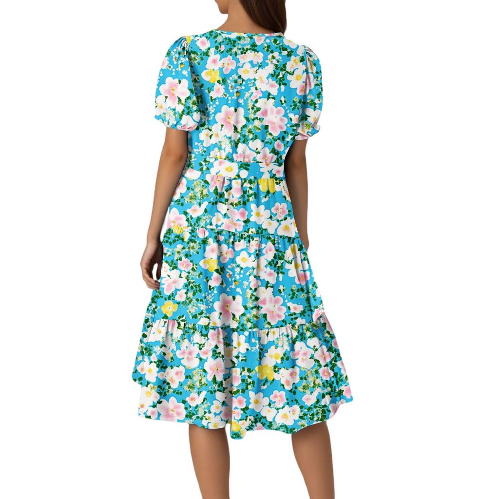 Women's Summer Floral Print Short Sleeves Neck Waistband Bohemian Flowy Maxi Dress With Pockets