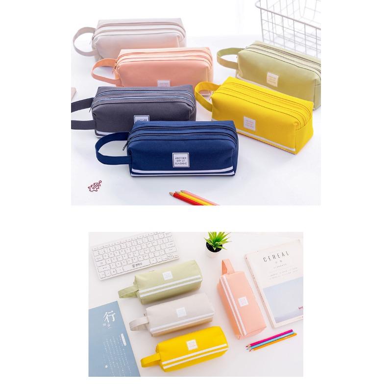 Large Capacity Double Layer Double Zipper Simple Korean Style Oxford Cloth Portable Pencil Case Stationery Bag