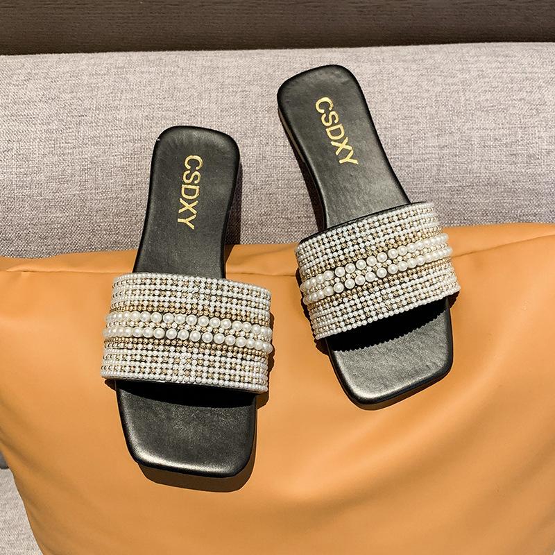 

Foreign trade large size open-toed pearl rhinestone slippers autumn 2025 new flat-bottomed outer wear Korean version cool slippers 42 чорний