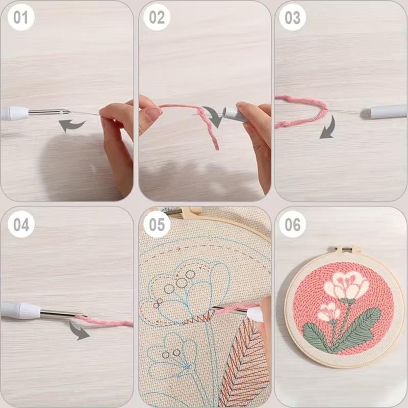 Flower Punch Needle Embroidery Set With Plastic Hoop And Yarn For Gift Making