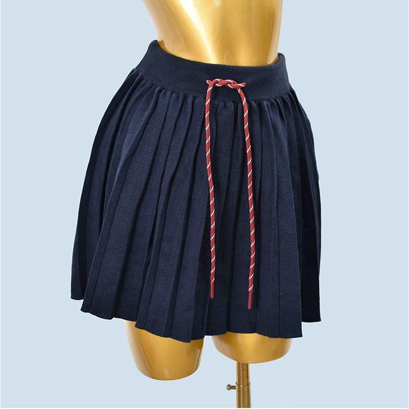 

Preppy Style Drawstring Lace Elastic Waist A- line Skirt Women s Spring and Autumn Western Style Slimming Pleated Skirt Knitting Short Skirt Navy blue All yards