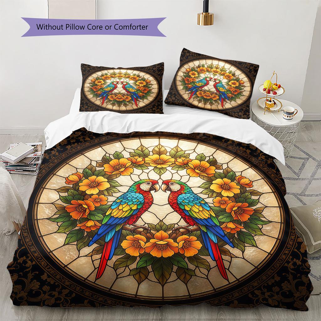 Stainedglassbirds Pattern Bedding Quilt Set Quilt Cover Pillowcase Home Decoration Birthday Gift (1 * duvet cover + 2 * pillowcase, without core)