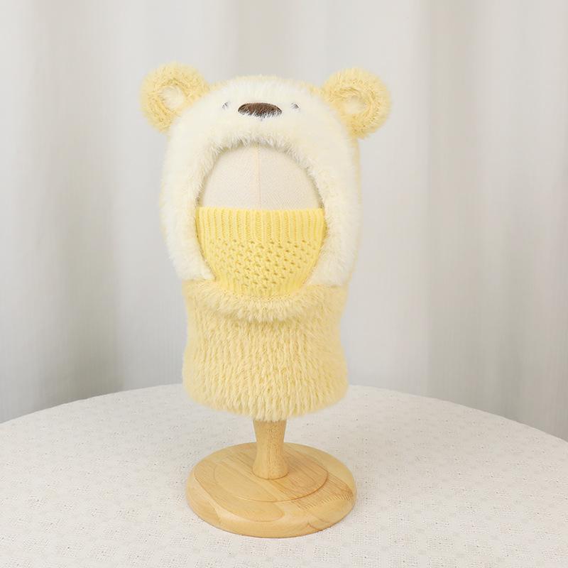 Cartoon bear children's hat, face mask, scarf, integrated pullover hat, winter velvet warm ear protector, knitted wool hat