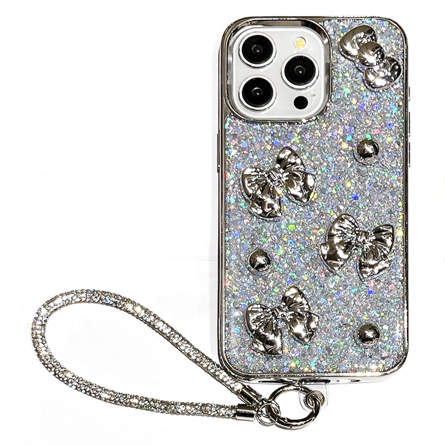 

For iPhone 16 Case Bowknot Silver Beads Glitter Epoxy Electroplated PC TPU Cover with Strap A